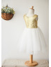 Gold Sequin Ivory Tulle Knee Length Flower Girl Dress With Bow Gold Sequin Ivory Tulle Knee Length Flower Girl Dress With Bow